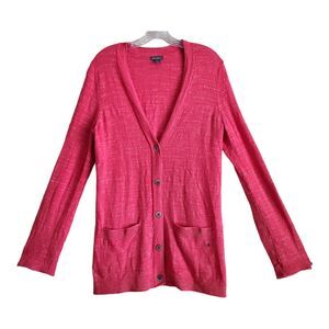 EDDIE BAUER Women's M Cardigan Sweater Salmon Pink V Neck Button Up Bust 40"